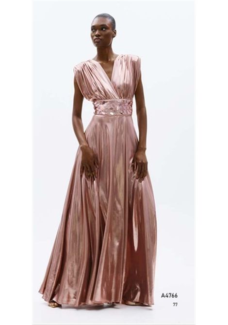 Metallic pink V-neck maxi dress with crystal belt ALLURE | dress | A4766DUSTY PINK